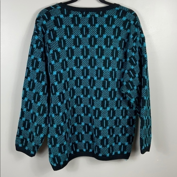 Vintage 80’s Oversized Black And Teal Abstract Print Deep V Neck Sweater Size M - Picture 7 of 11